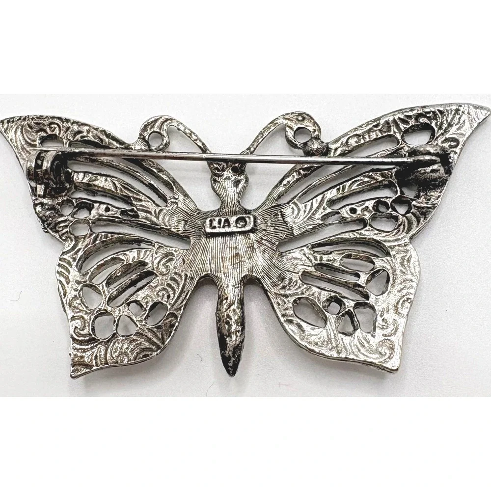 VTG Signed LIA Butterfly Brooch Pink Rhinestones Faux Marcasite Silver Tone